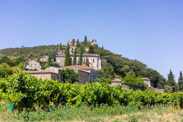 Fototapeta na wymiar Vue estivale du village de La Roque-sur-Cèze (Occitanie, France)