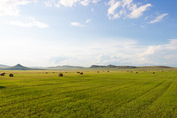 Fototapeta na wymiar Summer landscape with hay bales on farming green fields against the background of cloudy sky and ridges of hills in Khakassia, Russia