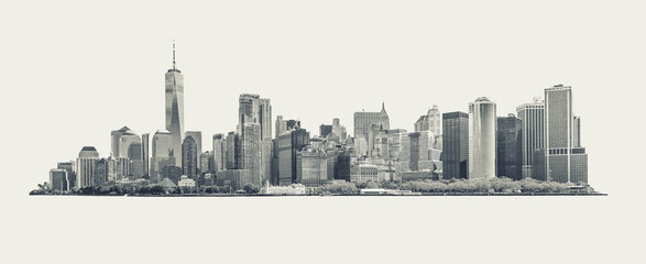 Skyline panorama of downtown Financial District and the Lower Manhattan in New York City, USA. black and white isolated on background - obrazy, fototapety, plakaty