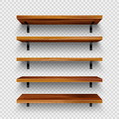 Realistic empty wooden store shelves set. Product shelf with wood texture and black wall mount. Grocery rack. Vector illustration.