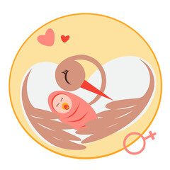 Vector illustration of a stork with a baby. Birth of a child. With the birth of a girl. Stork and baby.  Icon with a baby on the wings of a stork. The gender of the child. With the birth of a girl. Is