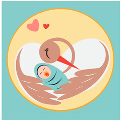 Vector illustration of a stork with a baby. Birth of a child. With the birth of a boy. Stork and baby. Blue greeting card with a baby on the wings of a stork. With the birth of a boy. Baby
