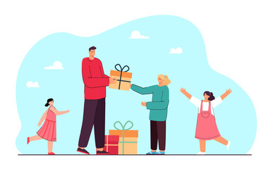 Fototapeta na wymiar Young man giving gifts to girls. Flat vector illustration. Man giving out gift boxes to happy girls of different ages. Holiday, childhood, party, joy, surprise concept for banner design, landing page