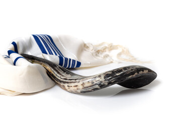 Rosh Hashana. Yom Kippur. Talit, shofar on a white background. Isolated