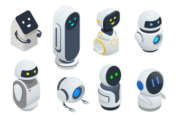 Isometric Set of Modern Robots Isolated On Background. Little Minimal Modern White Robots