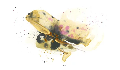 Poster Watercolor flow blot with drops splash. Abstract texture yellow and gold color stain on white background. © Liliia