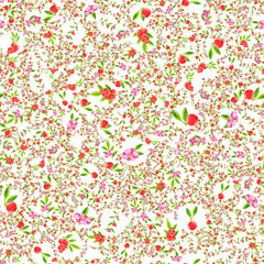 Seamless pattern of juicy red berries green leaves of blooming flowers buds drawing with colored pencils on a white background