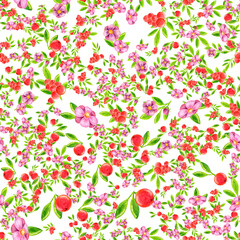 Seamless pattern of juicy red berries green leaves of blooming flowers buds drawing with colored pencils on a white background