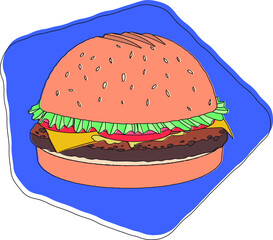 Retro-style illustration of a hamburger in flat colors and a displaced stroke in a blue background