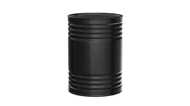 Realistic looping 3D animation of the spinning black oil barrel rendered in UHD with alpha matte
