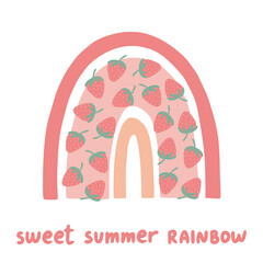 Rainbow with strawberries and lettering in Scandinavian style. Cute vector illustration. Perfect baby design for birthday invitation, baby shower, posters, clothing, nursery wall art and postcard.