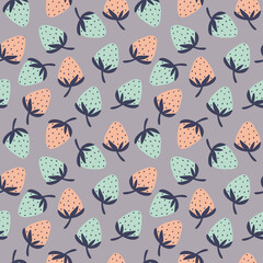 Modern seamless pattern with original strawberries in trendy Scandinavian style. Vector illustration. Perfect for summer invitation, birthday card, baby and nursery poster, fabric print.