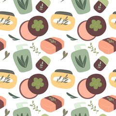 Seamless pattern with organic cosmetics, natural cosmetics and body skin care products. Vector hand drawn isolates in flat style.