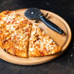 pizza slice hot snack fast food Takeaway home cooking on the table, unhealthy food meal snack copy space food background  