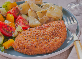 Breaded chicken fillet with salad and potatoes.