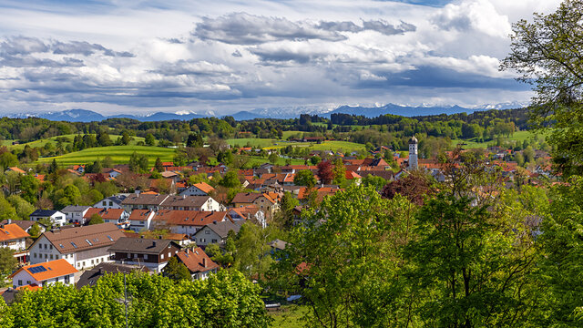 Panoramic view of the city of Andechs from the mountain, where the Andechs monastery  is located, Ammersee, Bavaria, Germany.