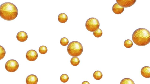 Realistic looping 3D animation of the falling golden golf balls rendered in UHD with alpha matte