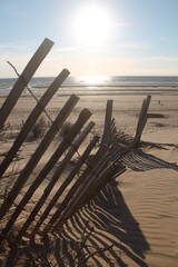 a vertical photo of some poles on the beach