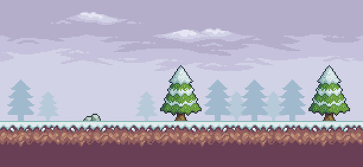 Pixel art game scene in snow with pine trees and clouds 8bit background