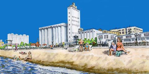 Summer landscape, city beach and people having a rest. Drawing with markers. Handmade.