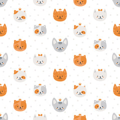Vector seamless pattern with cats on a white background with dots. Ginger tabby, spotted cat and gray sphinx. Cute baby design for fabric, wallpaper and more