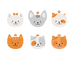 Set of 6 vector cats. Ginger tabby, spotted cat and gray sphinx. Cute baby characters for design, print and more