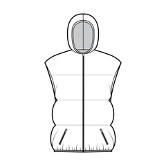 Down vest puffer waistcoat technical fashion illustration with hoody collar, zip-up closure, pockets, hip length, wide quilting. Flat template front, white color style. Women men unisex top CAD mockup