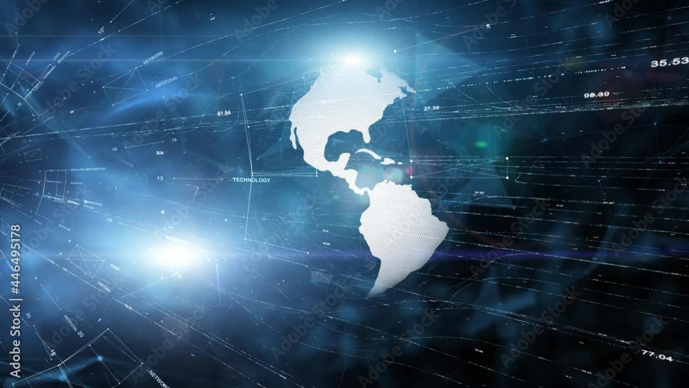 Wall mural abstract earth planet network with technology word cloud, sunlight and lights animation. view from s