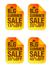Big Summer sale orange stickers set. Sale stickers 10%, 25%, 35%, 45% off. Vector illustration