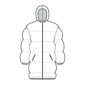 recommend clip art: Down puffer jacket coat technical fashion illustration with hoody collar, zip-up closure, pockets, oversized, thigh length. Flat template front, white color style. Women, men, unisex top CAD mockup