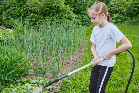 A happy child, a girl of 7-9 years, school age, watering from a watering can garden, vegetable garden, green plants in the daytime. High quality photo