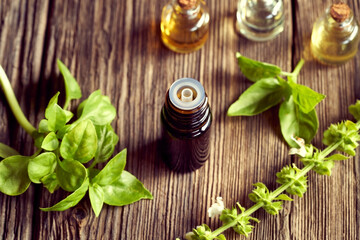 A bottle of basil essential oil with fresh blooming basil