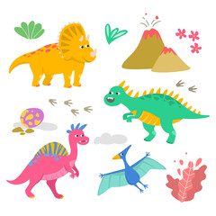Fototapeta na wymiar Set of colorful cartoon dinosaurs.