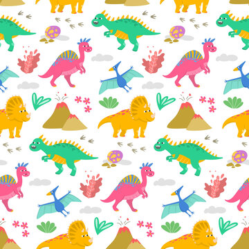 Seamless pattern with colorful cartoon dinosaurs.