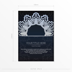 Dark blue postcard template with white abstract ornament. Elegant and classic vector elements are great for decoration.