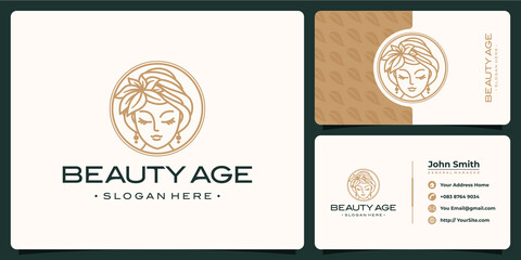 Fototapeta premium Woman beauty luxury monoline logo with business card