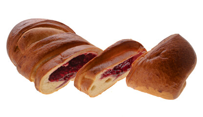 Confectionery product, bun in the form of a roll, two pieces are cut from one edge, on a white background in isolation