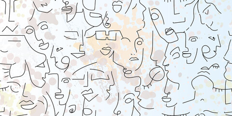 One line drawing. Abstract face seamless pattern.