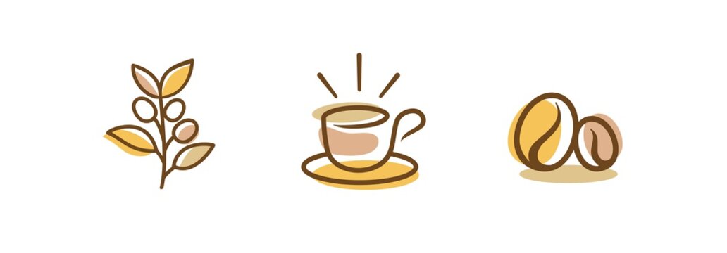 coffee icon collection. abstract coffee line art logo set, coffee cup, beans and branch wall art design illustration 