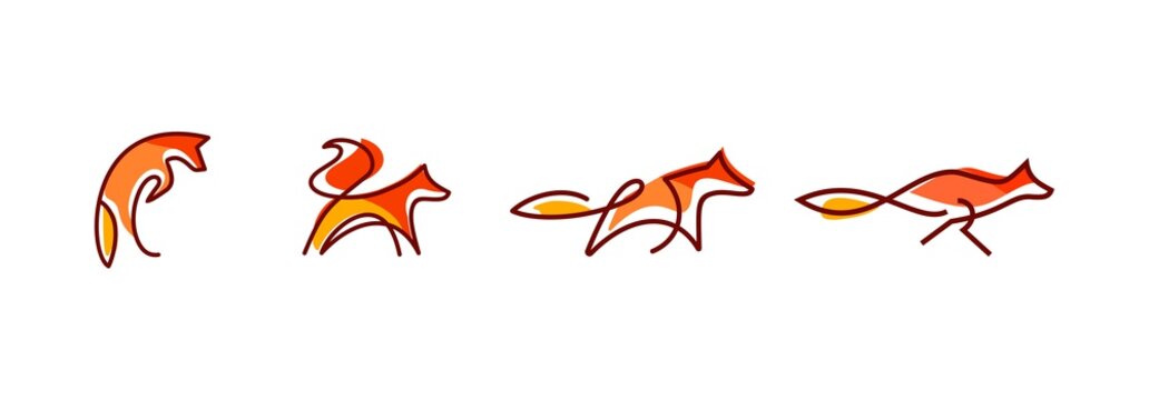 fox wall art design, line art of abstract orange fox jumping and running, minimal foxes line logo set collection illustration isolated on white background