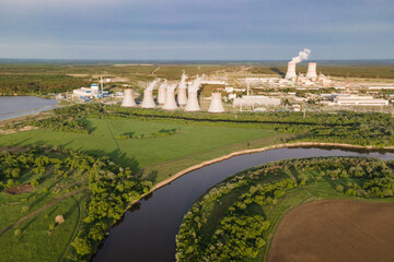 Aerial view of Industrial zone with power station nuclear energy production. Nuclear power plant...
