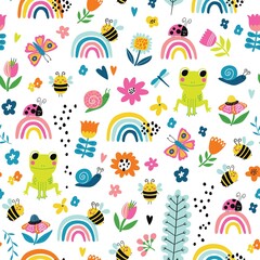 Seamless childish pattern with rainbows, frogs, bee, ladybird and flowers in Scandinavian style. Perfect for wallpaper, fabric texture, wrapping paper