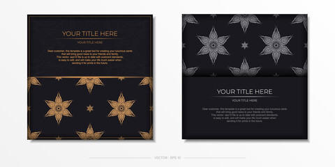 Luxurious black postcard template with vintage abstract mandala ornament. Elegant and classic vector elements ready for print and typography.