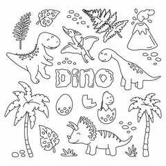 Cute dinosaurs and tropic plants in outline collection. Funny cartoon dino set. Hand drawn vector set for kids. Coloring page