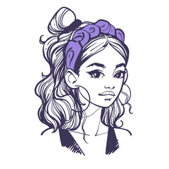 Hairstyle with a headband. Portrait of fashionable modern young girl with trendy hair accessory. Hand drawn vector illustration in doodle style isolated on white background.