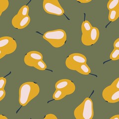 Vector seamless pattern with yellow pears on a dark background.