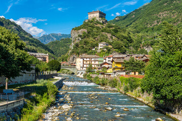 Fototapeta na wymiar Beautiful view in Verres on a sunny summer day. Aosta Valley, northern Italy.