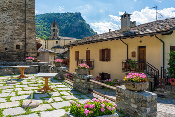 The beautiful village of Avise on a sunny summer morning. Aosta Valley, Italy.