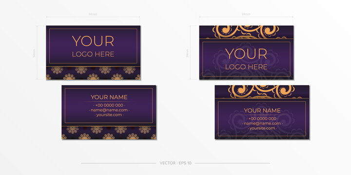 Purple Business cards with decorative ornaments business cards, oriental pattern, illustration.