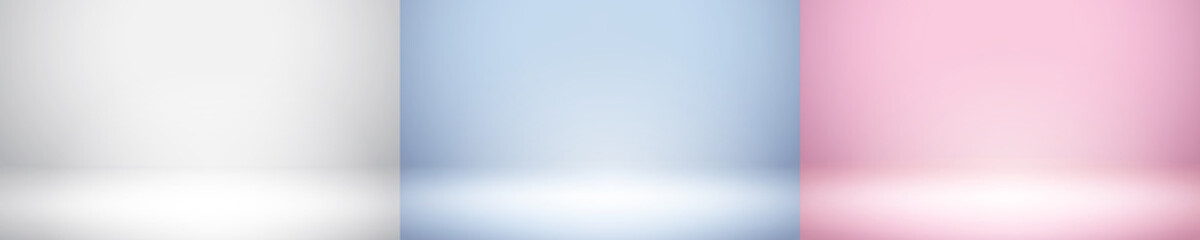 Fototapeta premium Empty studio photo room background set. Grey, light blue and soft pink gradient platform backdrops for product display. Vector presentation scene mockups